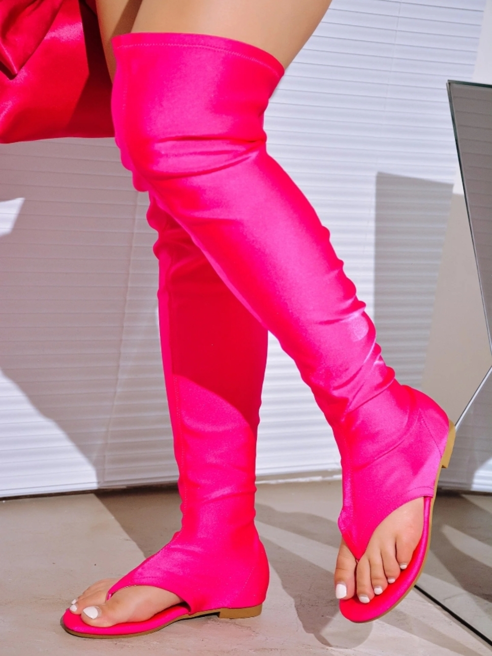 Cape Robbin Vijaya Glossy Lycra Thigh High Sandals - Fuchsia